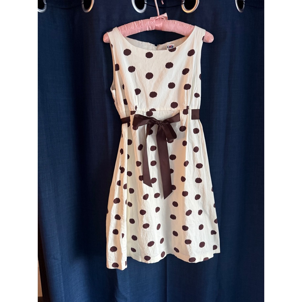 R&K Originals vintage Brown Polka Dot Sleeveless A-Line Dress Ribbon‎ Waist